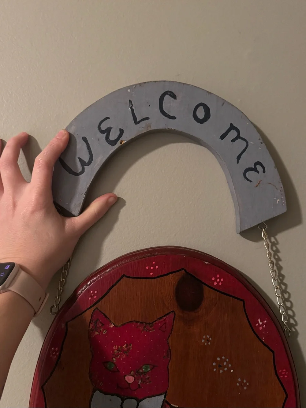 VTG Handmade Folk Art Cat “Welcome” Sign Wood Wall Hanging Decor